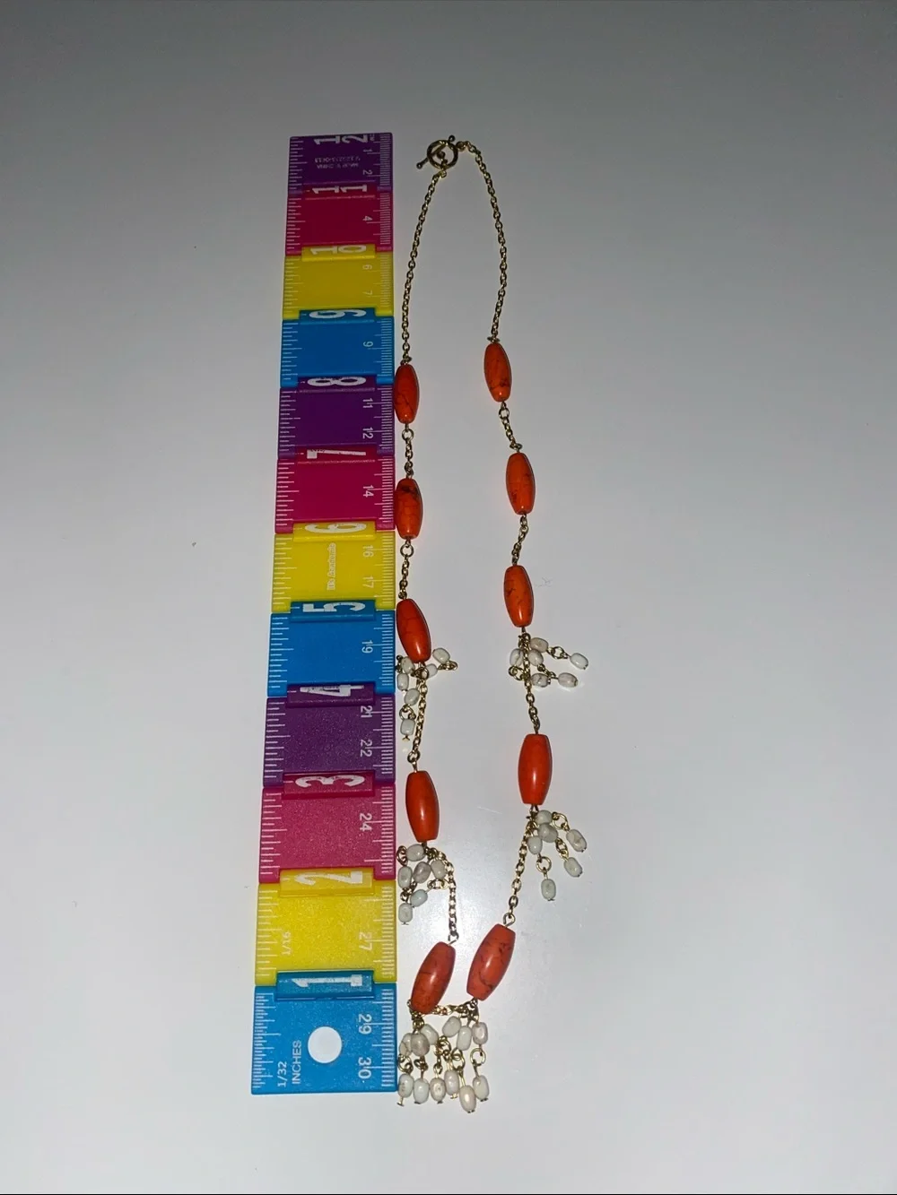 Gold Chain Necklace with Orange Beads and Pearl Dangles